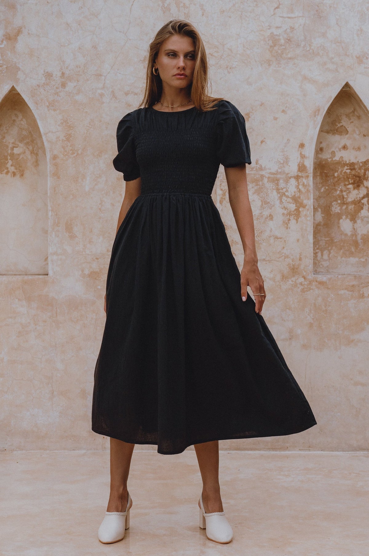 Veda Linen Smocked Midi Dress