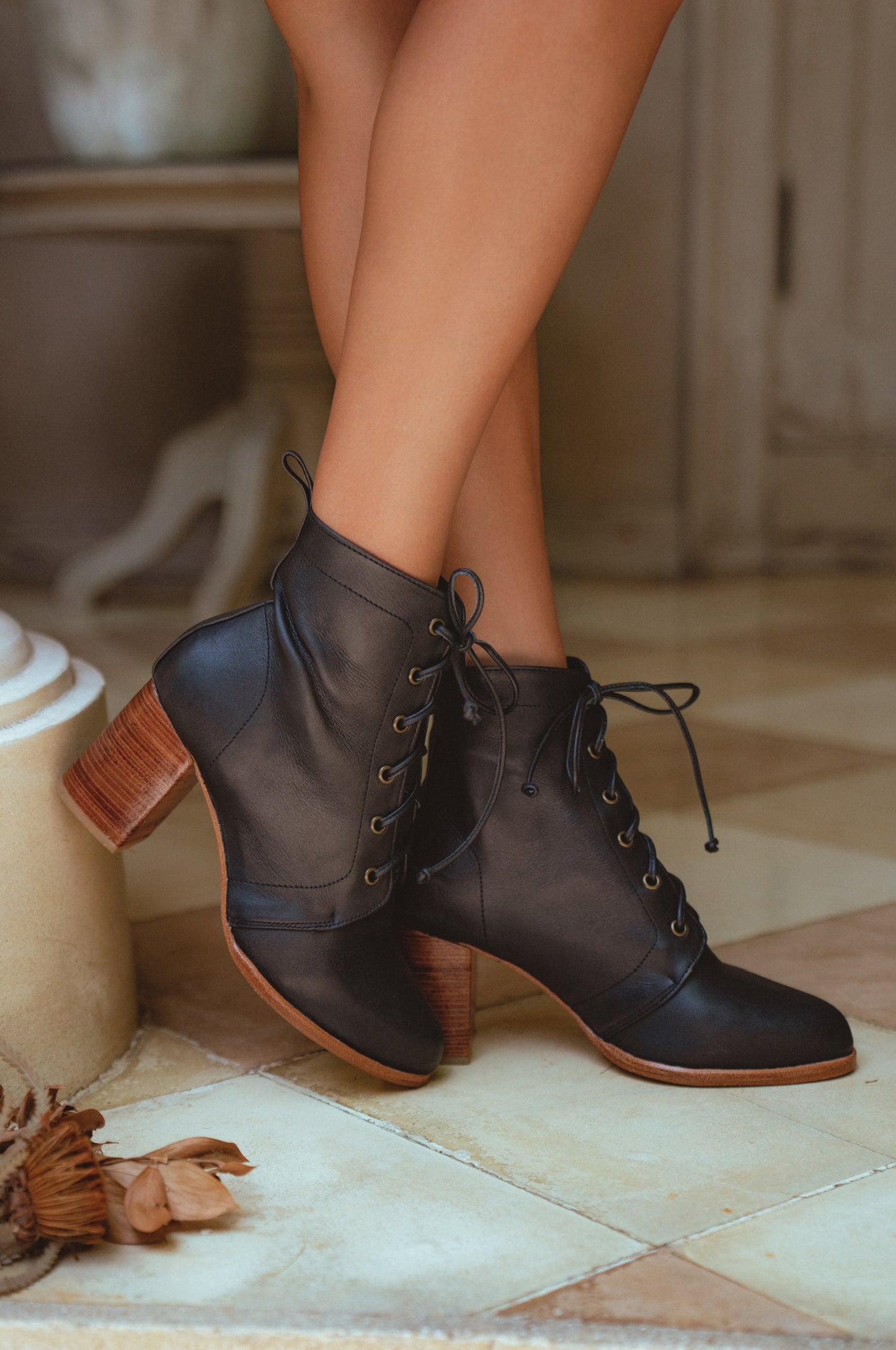 Estrella Lace-Up Leather Heel Booties